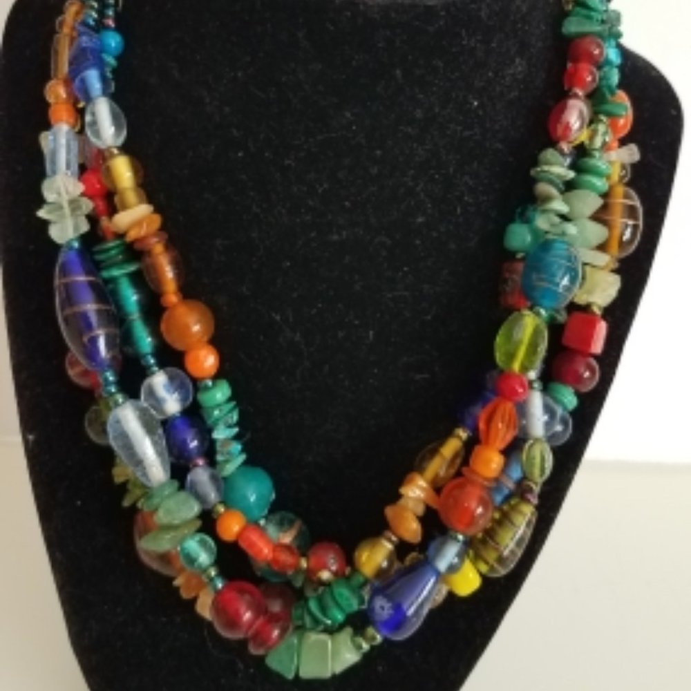 Statement Necklace Handmade Multi-Strand Colorful Glass-Like Beads Chunky